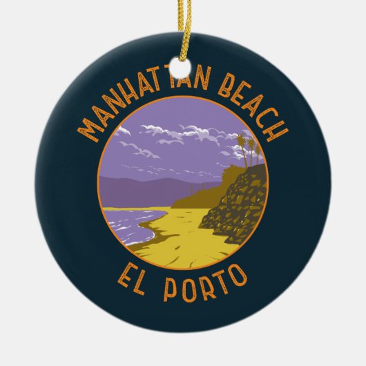 マンハッタンビーチカリフォルニアトラベルアートヴィンテージ セラミックオーナメント (正面)