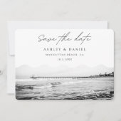 マンハッタン・ビーチのブラック＆ホワイト写真でSave the Date 招待状 (正面)