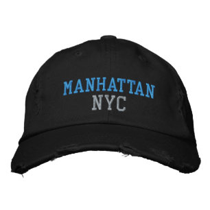 マンハッタンNYC ブルー グレー ブラック ヴィンテージスタイル 刺繍入りキャップ