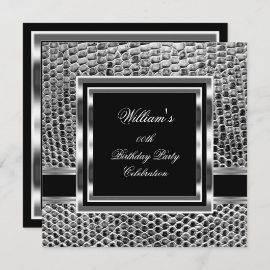 マンブラックエレガントシルバーバースデーパーティーメンズ 招待状 (正面/裏面)