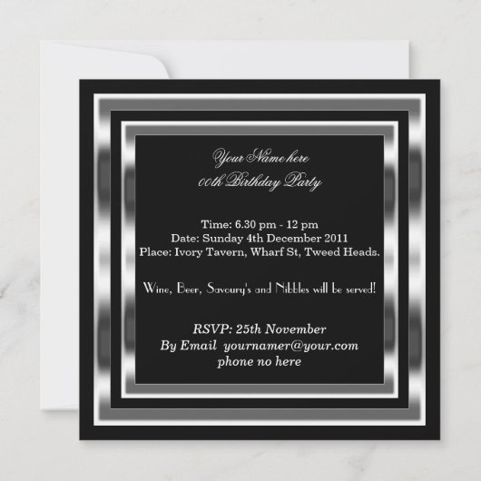 マンブラックエレガントシルバーバースデーパーティーメンズ 招待状 (裏面)