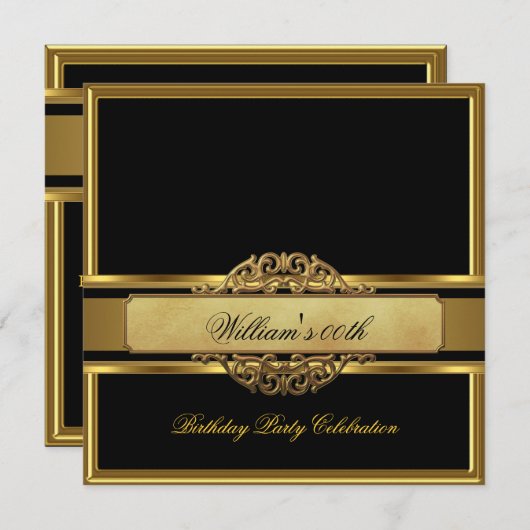 マンブラックエレガント金ゴールドバースデーパーティーメン 招待状 (正面/裏面)
