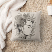 マンブラックラインアートフラワーボホスタイル クッション (ブランケット)