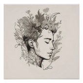 マンブラックラインアートフラワーボホスタイル ポスター (正面)