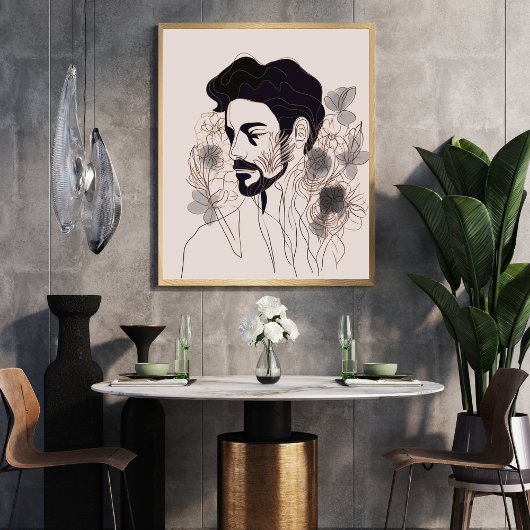 マンブラックラインアートフラワーボホスタイル ポスター