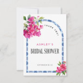 マンマ・ミア フローラル ブルー タイル アーチ ブライダル シャワー サンキューカード (正面)