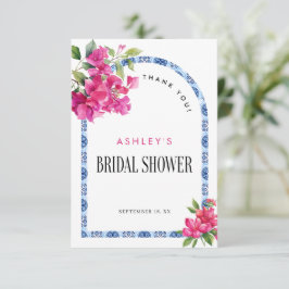 マンマ・ミア フローラル ブルー タイル アーチ ブライダル シャワー サンキューカード