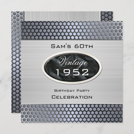 マンヴィンテージ60thシルバーメタルルック誕生日 招待状 (正面/裏面)