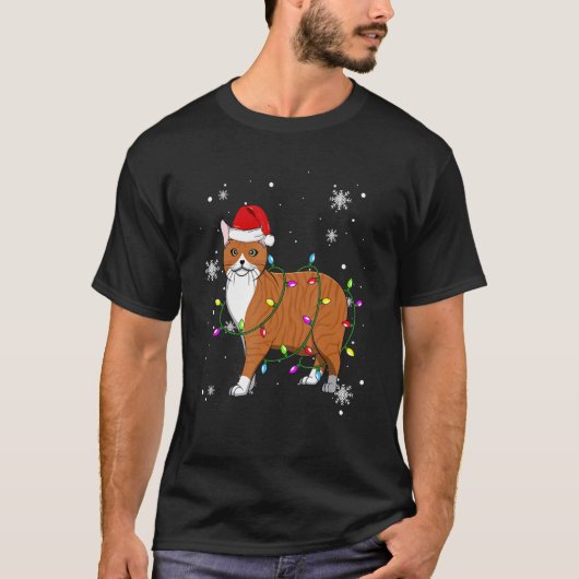 マン島+猫+クリスマス+ライト+クリスマス+猫+サンタ帽子 Tシャツ (正面)