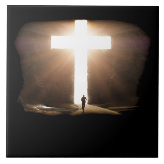 マン·ランニングトゥ·キリ白熱［赤熱］光を放つスト教十字架 タイル (正面)