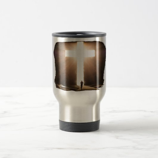 マン·ランニングトゥ·キリ白熱［赤熱］光を放つスト教十字架 トラベルマグ (中央)