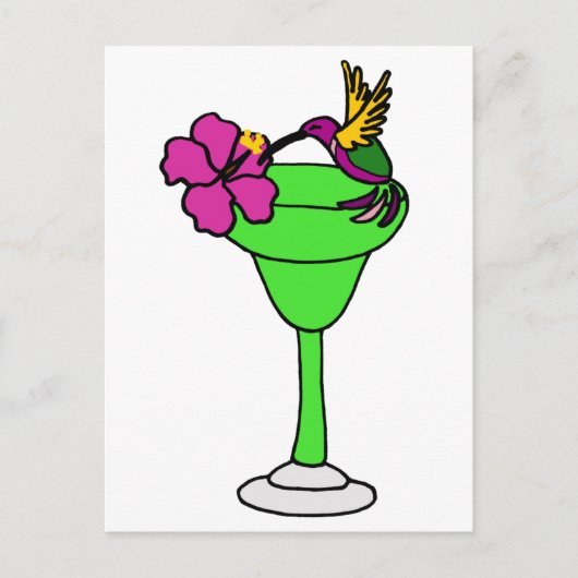 マーガリータドリンクのユーモラスなハチドリとハイビスカス ポストカード (正面)