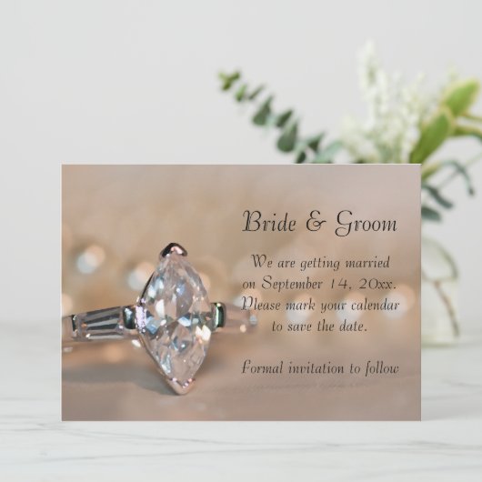 マーキスダイヤモンドリングや輪結婚式日付を保存 招待状 (スタンド正面)