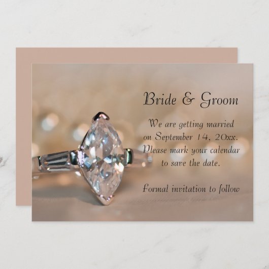 マーキスダイヤモンドリングや輪結婚式日付を保存 招待状 (正面/裏面)