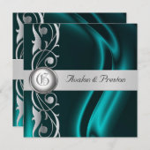 マーキスティール(緑がかった色)シルクシルバースクロールパール招待状 招待状 (正面/裏面)