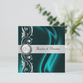 マーキスティール(緑がかった色)シルクシルバースクロールパール招待状 招待状 (スタンド正面)