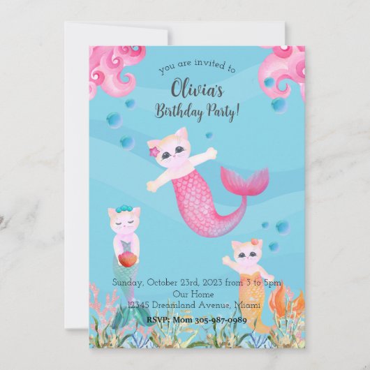 マーキャットマーメイドキャットバースデーパーティーの招待状 招待状 (正面)