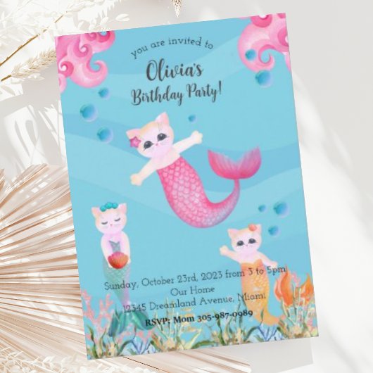 マーキャットマーメイドキャットバースデーパーティーの招待状 招待状