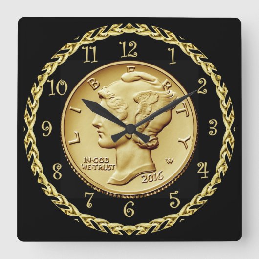 マーキュリーデイムセンテニアル金ゴールドコインイメージ~ スクエア壁時計 (正面)