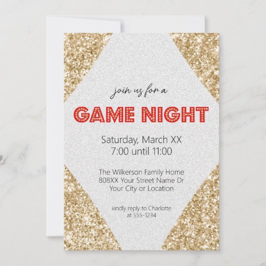 マーキーサインオン金ゴールドグリッターゲームナイトパーティー 招待状 (正面)