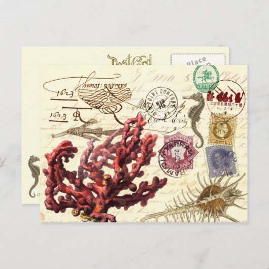 マークと切手を添えた海洋生物コラージュ ポストカード (正面/裏面)