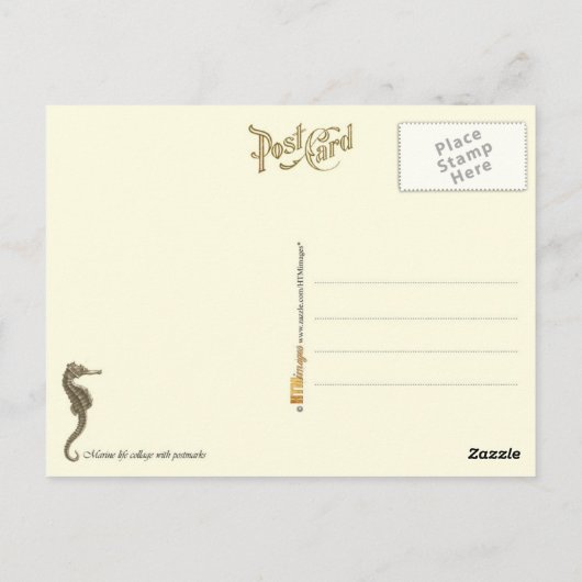 マークと切手を添えた海洋生物コラージュ ポストカード (裏面)