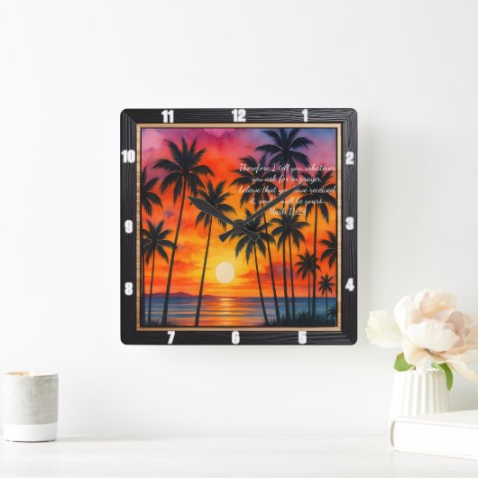 マーク11:24サンセットパームズ祈りの言葉聖句 スクエア壁時計 (ホーム)