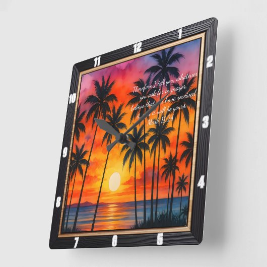 マーク11:24サンセットパームズ祈りの言葉聖句 スクエア壁時計 (傾斜)