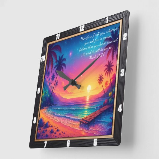 マーク11:24サンセット鮮やかバースビーチ スクエア壁時計 (傾斜)