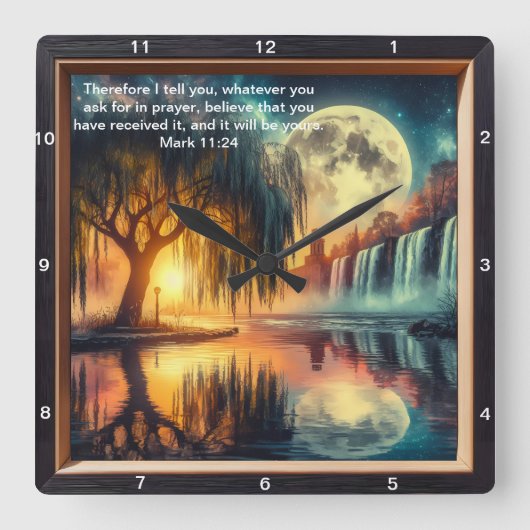 マーク11:24スピリチュアル時計:個人的な信念の表示 スクエア壁時計 (正面)