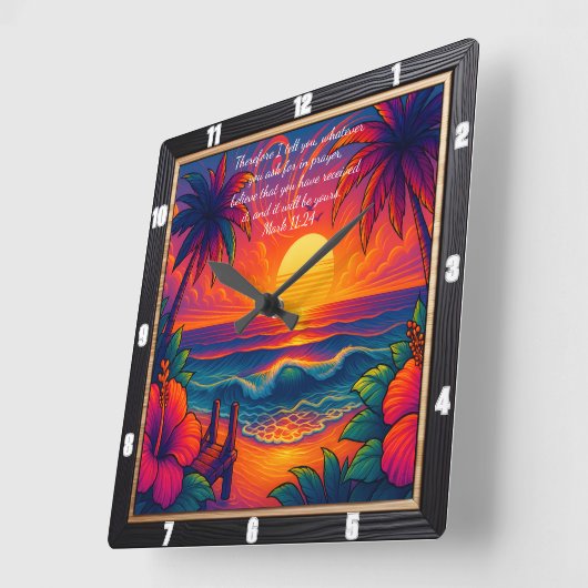 マーク11:24トロピカルサンセット祈りの言葉詩 スクエア壁時計 (傾斜)