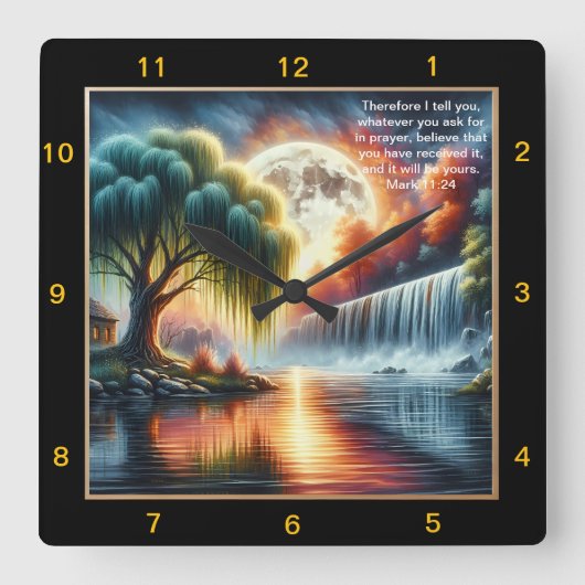 マーク11:24信念クロック：パーソナライズされた祈りの言葉Remin スクエア壁時計 (正面)