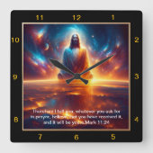 マーク11:24天の白熱［赤熱］光を放つ夕日に対するイエス スクエア壁時計 (正面)