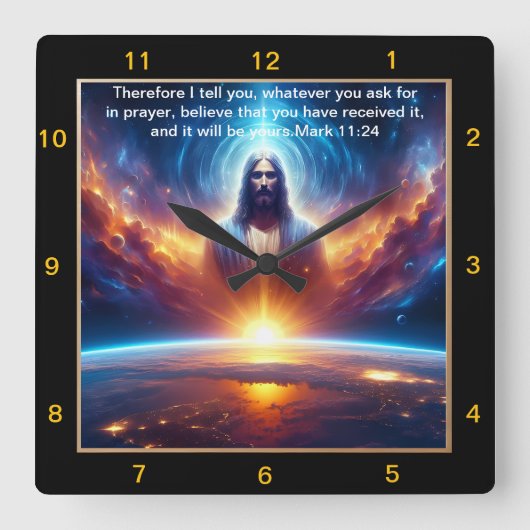 マーク11:24宇宙の夕日に照らされたイエス スクエア壁時計 (正面)