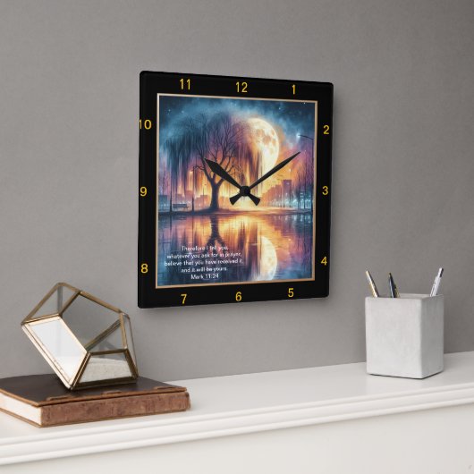 マーク11:24祈りの言葉クロックカスタムのパーソナ信じライズ スクエア壁時計 (オフィス)
