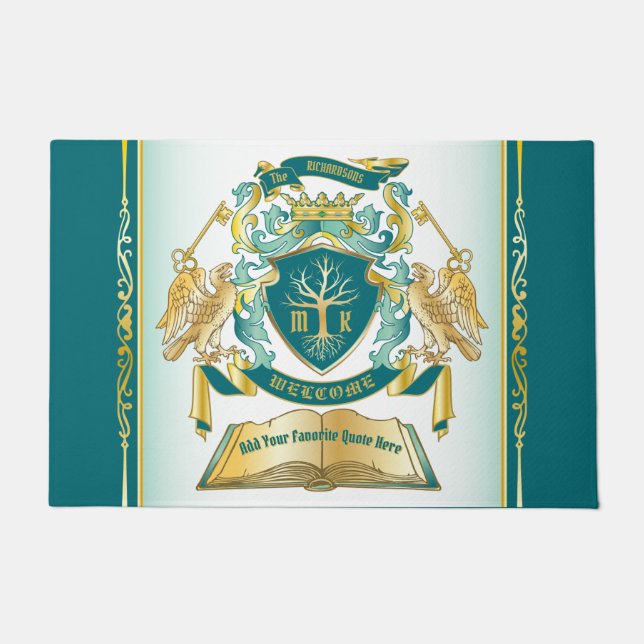 『マーク・ユア・エンブレム・ツリー・ブック・鍵・クラウン・金ゴールド・ジェイド』 ドアマット (正面)