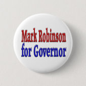 マーク・ロビンソン氏と赤いブルーの文字 缶バッジ (正面)