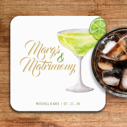 マーグス&マトリモニー グリーン&ゴールド ブライダルシャワー スクエアペーパーコースター