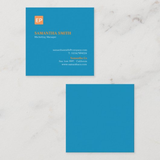 マーケティングマネージャーの青とオレンジ スクエア名刺 (正面/裏面)