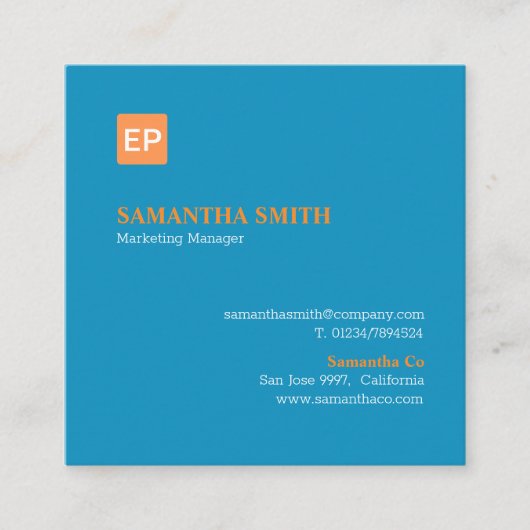 マーケティングマネージャーの青とオレンジ スクエア名刺 (正面)