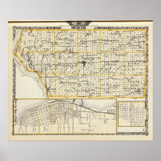 マーサー県、ロックアイランドおよびプラノの地図 ポスター (正面)