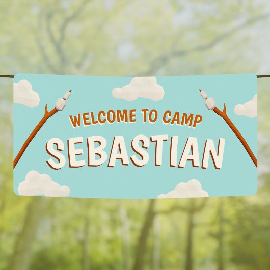 マーシュマローズブルーウェルカムキャンピングバースデーパーティー 横断幕