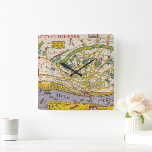 マージーサイド州、リヴァプールの地図 スクエア壁時計 (ホーム)