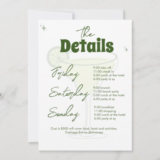 マーズとマトリモニーの独身最後の女友達パーティー招待状の予定 招待状 (裏面)