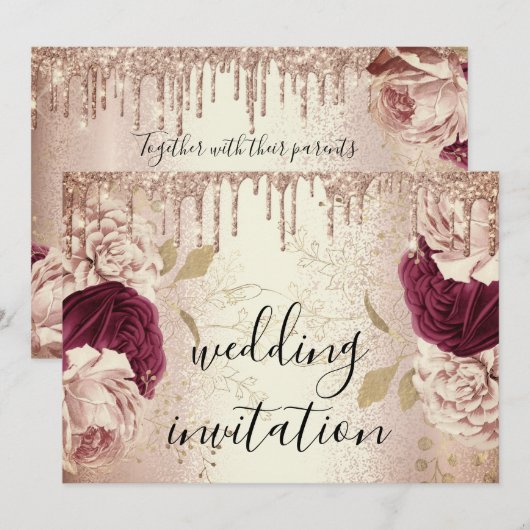 マーズラ ウェディング ローズゴールド ローズ バーガンディ 招待状 (正面/裏面)