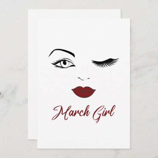 マーチガールアイズキュートレッドリップウィンク誕生日 シーズンカード (正面/裏面)