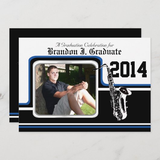 マーチングバンドサクソフォン卒業写真ブルー 招待状 (正面/裏面)