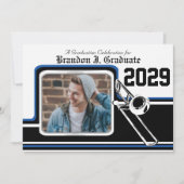 マーチングバンドトロンボーン卒業写真ブルー 招待状 (正面)