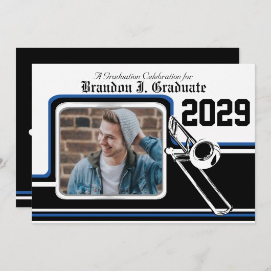 マーチングバンドトロンボーン卒業写真ブルー 招待状 (正面/裏面)