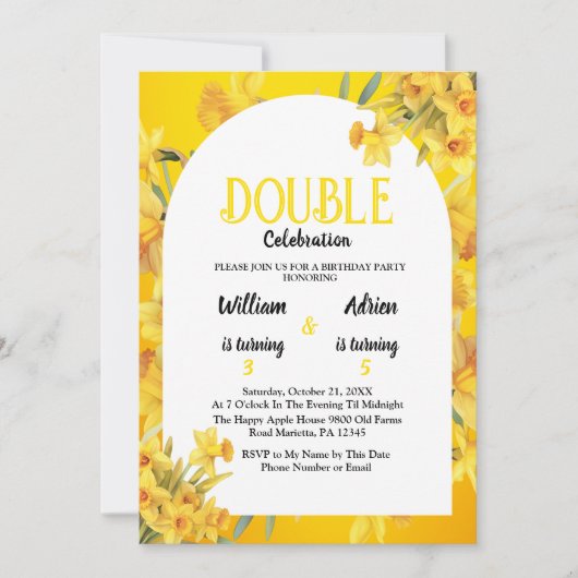 マーチ誕生ダフォディルダブルお祝い誕生日 招待状 (正面)